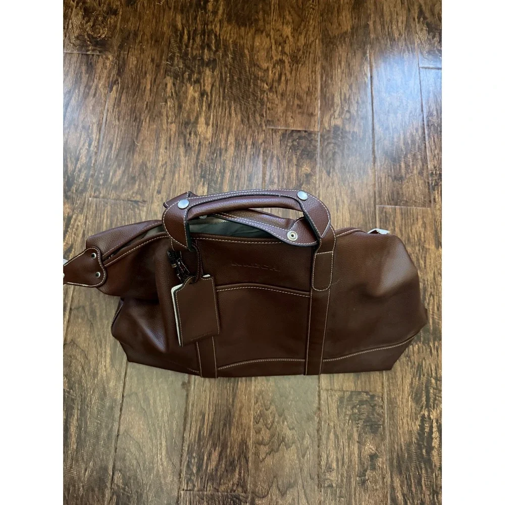 Barrington Koch Brown Pebble Leather Duffel Bag Weekender Travel Luggage Tag